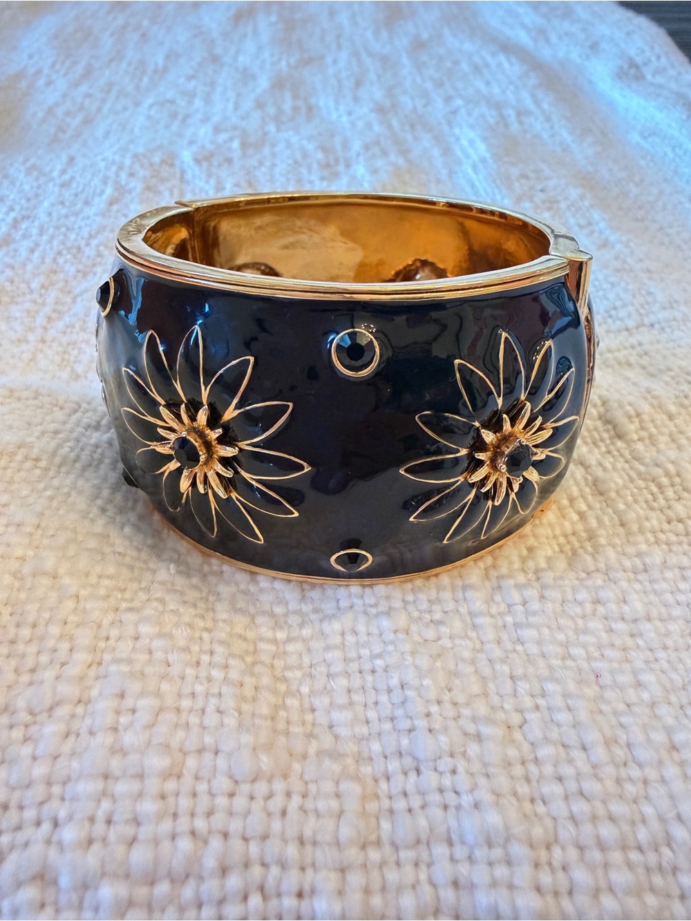 Kate Spade Black Gold Floral Enamel Hinged Bangle